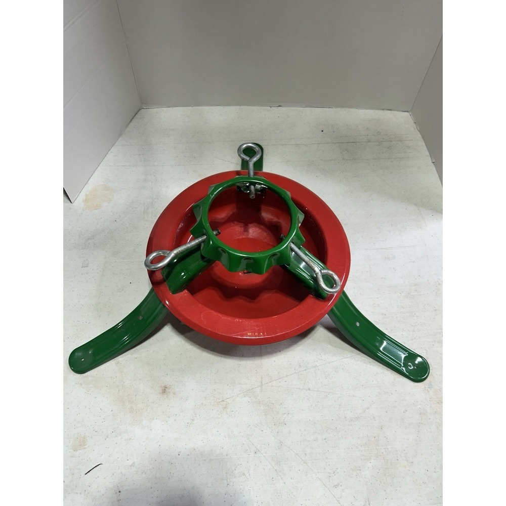 Vintage Christmas Tree Stand Red Green Heavy Metal 4 Leg Live Tree 3.5in Trunk